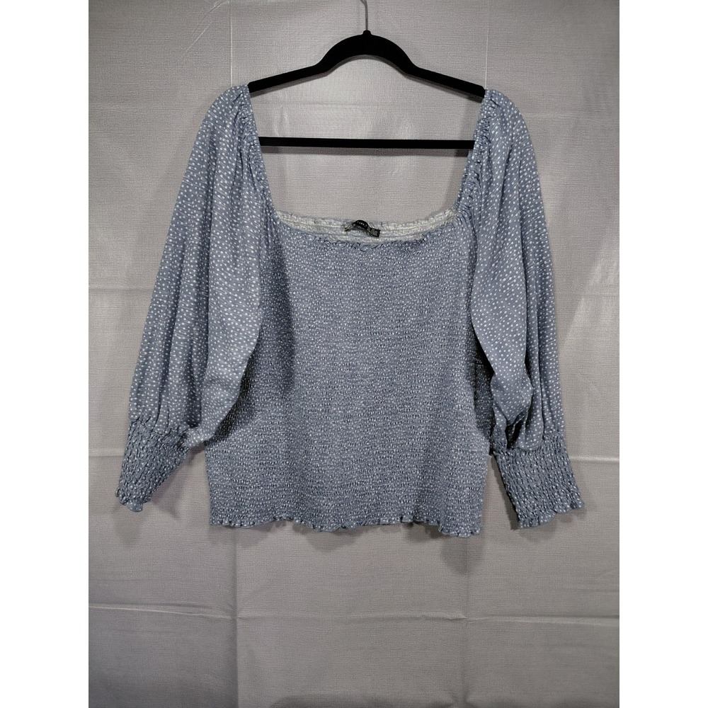 Black Tape Smocked Blouse Light Blue 2X Square Neck Cropped Long Puff Sleeves